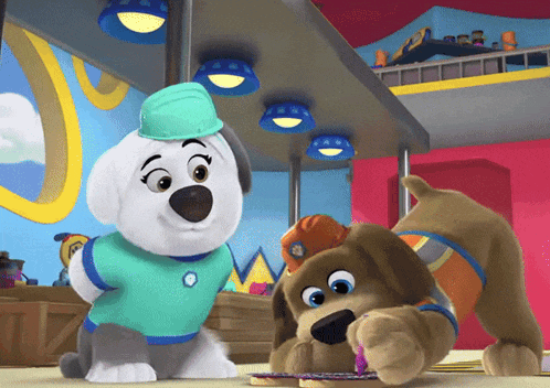 two cartoon dogs are standing next to each other with one wearing a blue hat