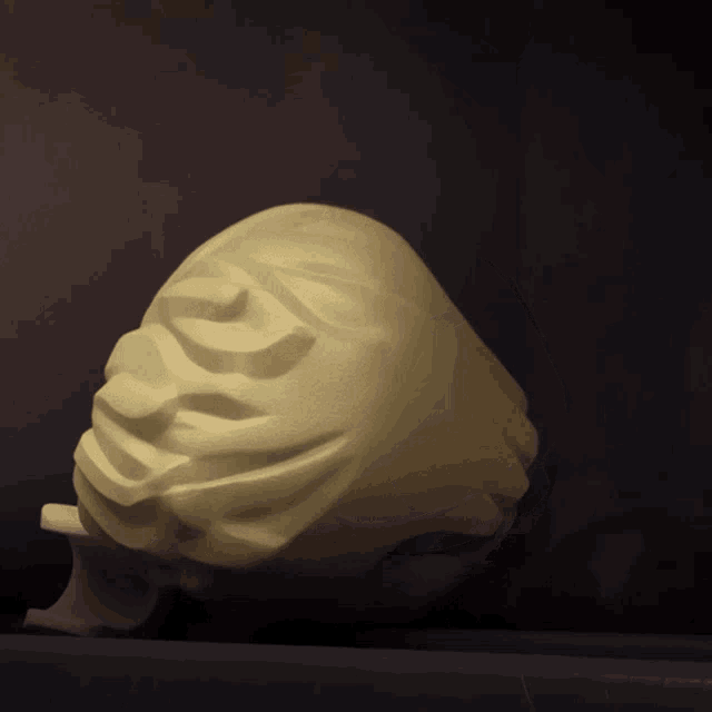 a statue of a person 's face is sitting on a dark surface