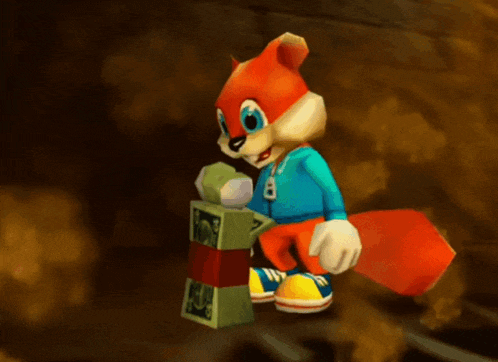 a cartoon squirrel is holding a box with a picture of a person on it
