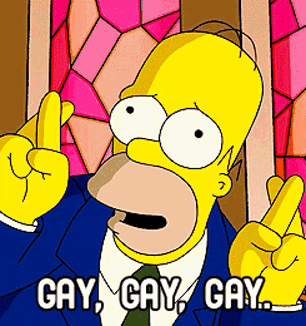 a cartoon of homer simpson with the words gay gay gay