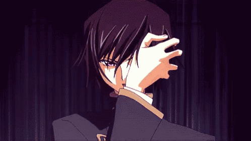 a cartoon character with red eyes is holding his hand to his face