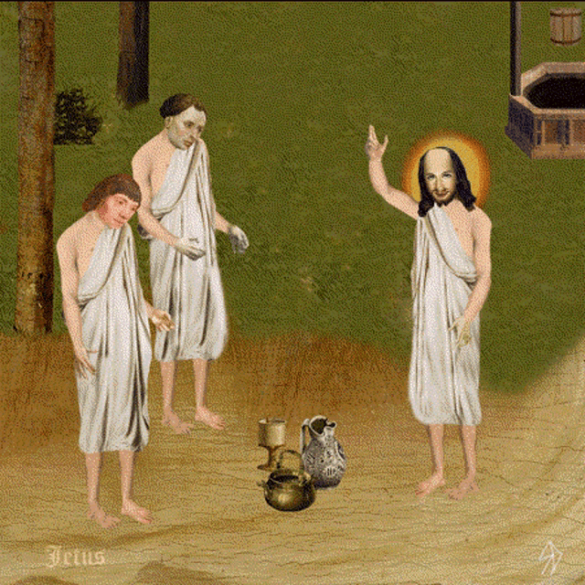 a painting of jesus surrounded by a group of people with the word jesus at the bottom
