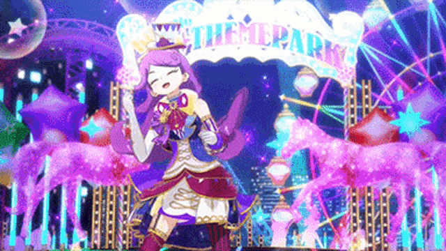 a girl in a purple dress is standing in front of a sign that says theme park