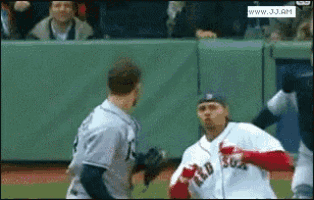 a baseball player wearing a red sox jersey runs towards another player