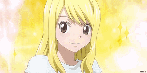 a close up of a fairy tail anime girl with blonde hair and brown eyes .