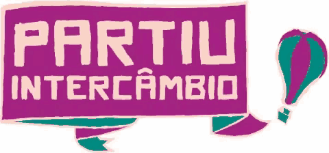 a purple sign that says partiu intercambio next to a green balloon