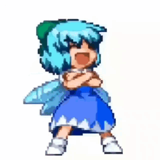 a pixel art of a girl with blue hair and a blue dress .