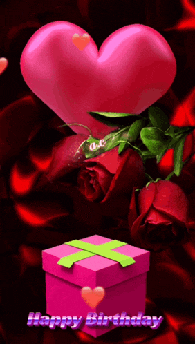 a pink box with a green ribbon and a pink heart with the words happy birthday