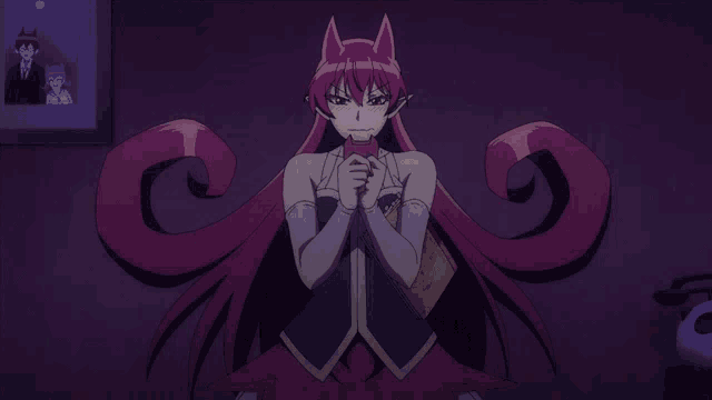a cartoon character with purple hair and a cat in her hands