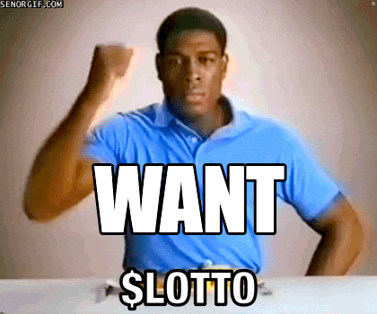 a man in a blue shirt has his fist in the air and says " want $ lotto "