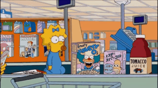 a cartoon of maggie simpson standing in a grocery store with a box of grumpy clown cereal