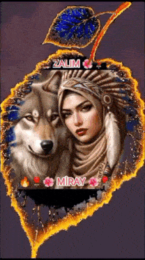 a painting of a woman and a wolf with the name miray on the bottom