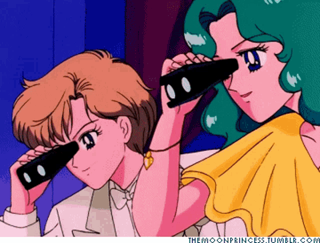 a couple of anime characters looking through binoculars with the website themoonprincess.tumblr.com in the lower right corner