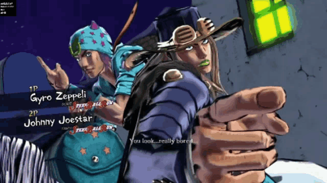 gyro zeppeli and johnny joestar are standing next to each other in a video game