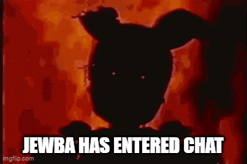 a silhouette of a person with red eyes and the words jewba has entered chat .