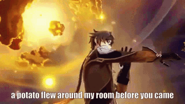 a video game character says a potato flew around my room before you came .