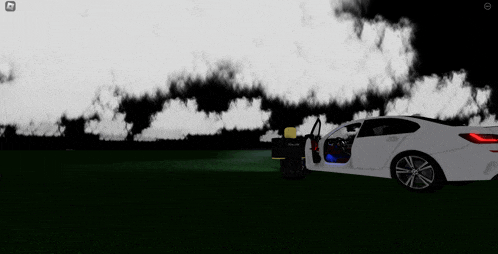 a white car with the door open is parked in a grassy field