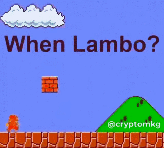 a yellow car is driving down a road with the words " when lambo " above it