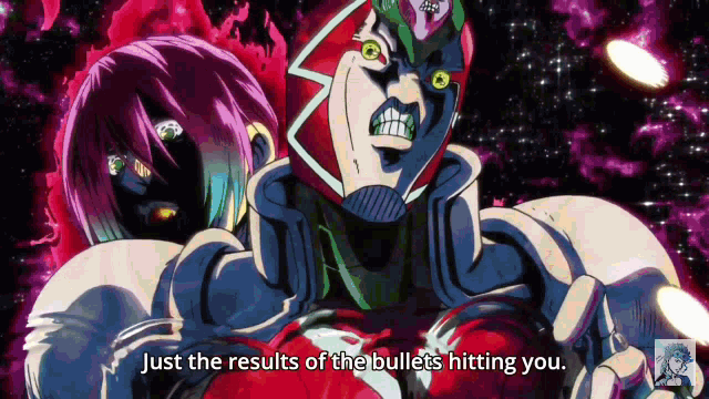 a cartoon character with the words just the results of the bullets hitting you below him