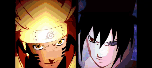 naruto and sasuke are standing next to each other with their eyes glowing