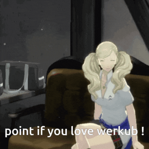 a girl sitting on a couch with the words point if you love werkub on the bottom