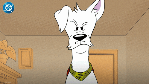 a cartoon of a dog with blue eyes and a dc logo