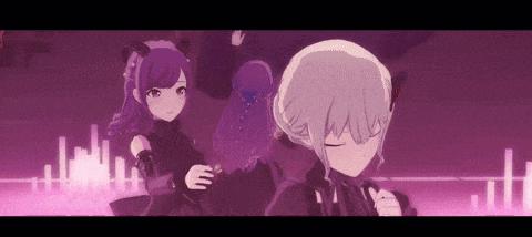 a group of anime girls are standing next to each other on a stage .