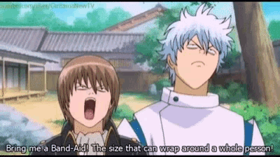 a couple of anime characters standing next to each other with one saying " bring me a band-aid "