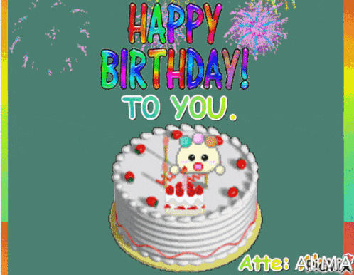 a happy birthday card with a cake and fireworks