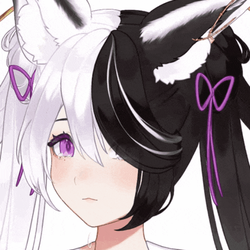 a close up of a girl 's face with purple eyes