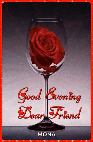 a red rose in a wine glass that says good evening dear friend mona
