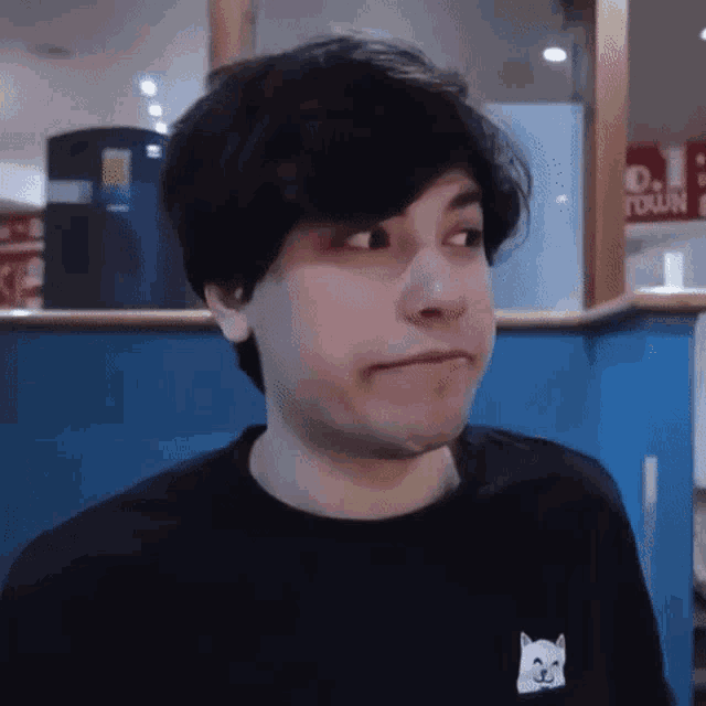 a man with black hair and a black shirt with a cat on it is making a funny face .