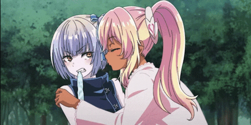 two anime girls are hugging each other and one has a ponytail