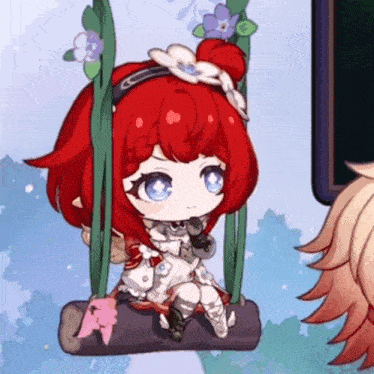 a cartoon character with red hair is sitting on a swing