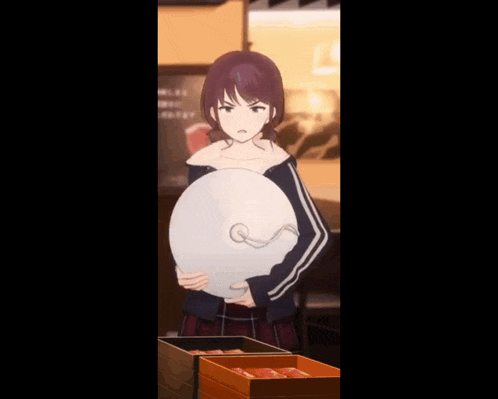 a girl with purple hair is standing in front of a box