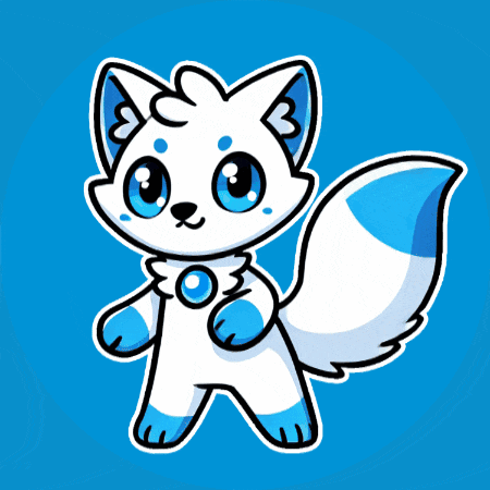 a cartoon drawing of a white cat with blue eyes