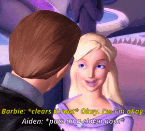 a cartoon of a barbie and aiden talking