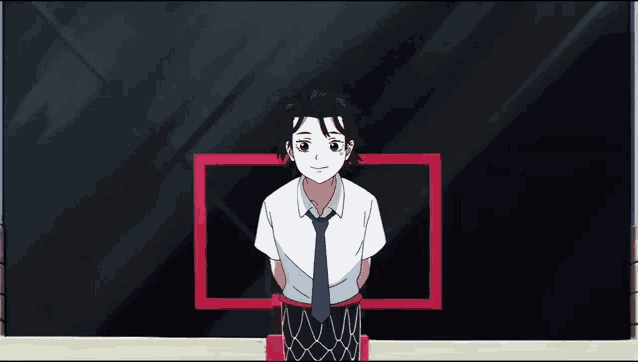 a boy in a white shirt and tie is standing in front of a basketball hoop