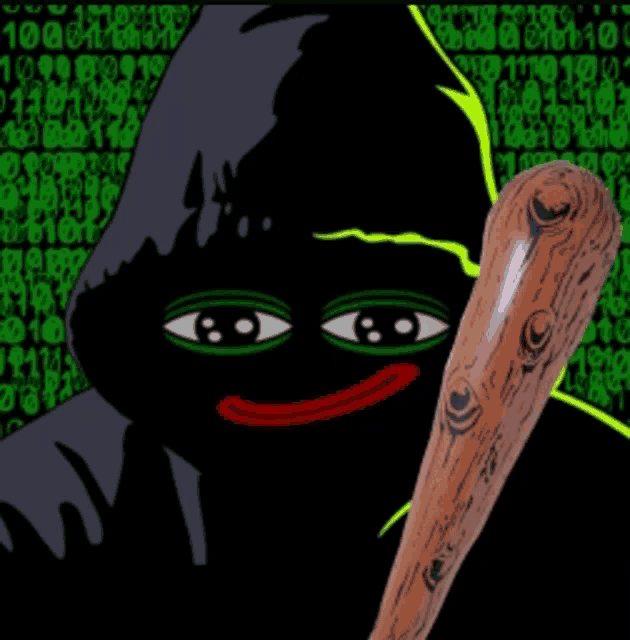 a cartoon drawing of a man in a hood holding a bat