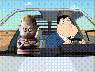 a cartoon of a man driving a car with a baby in the back