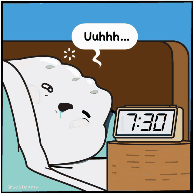 a cartoon of a dog laying in bed talking to an alarm clock that says 7:30