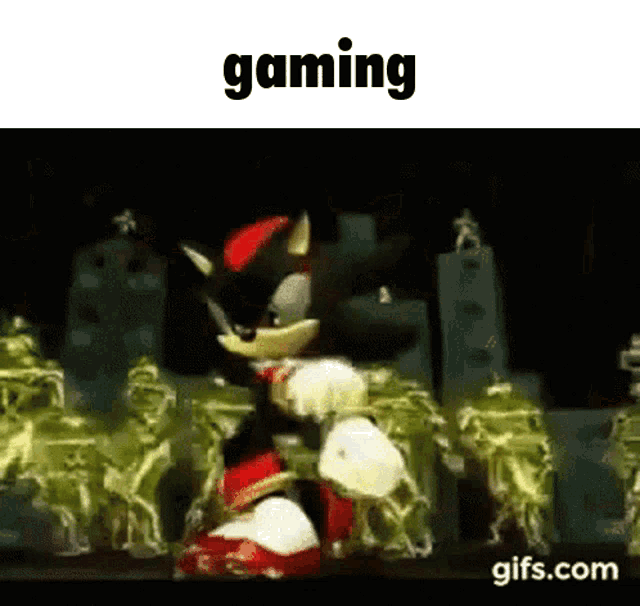shadow the hedgehog is standing in front of a bunch of skeletons and the words gaming are above him