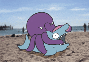 a cartoon of an octopus and a shark on a beach with a caption that starts with the word " cisa "