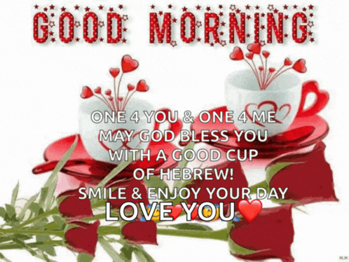 a good morning message with a cup of coffee and roses