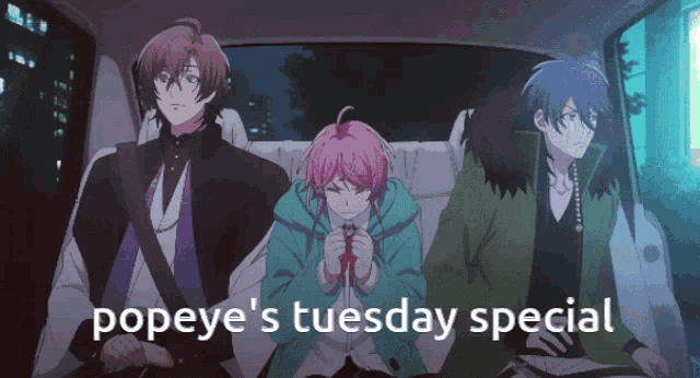 three anime characters are sitting in a car with the words popeye 's tuesday special above them