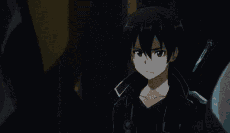 kirito from sword art online is holding a sword in his hand and looking at the camera .