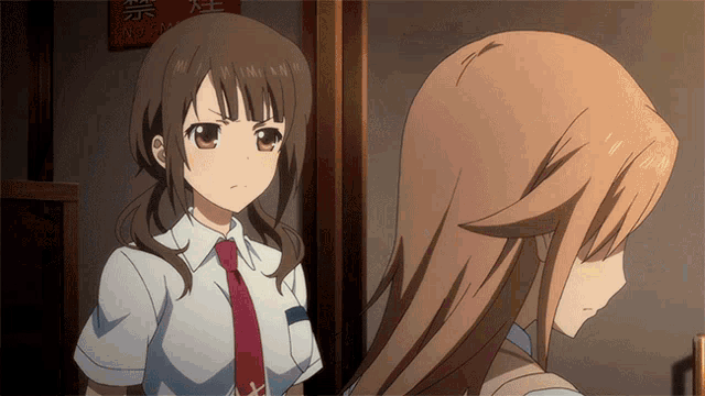 two anime girls are standing next to each other in front of a sign that says " no smoking "