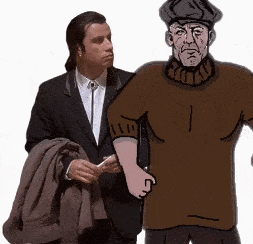 a man in a suit is standing next to a man in a sweater .