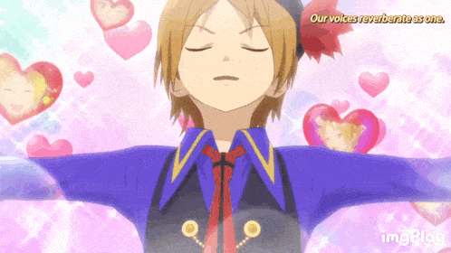 a girl with her eyes closed is surrounded by pink hearts and the words " our voices reverberate as one "