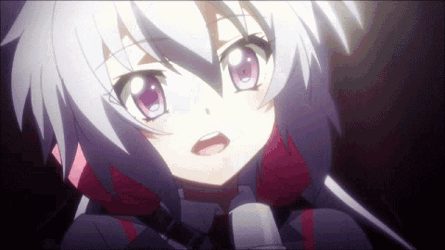 a girl with white hair and purple eyes is looking at the camera